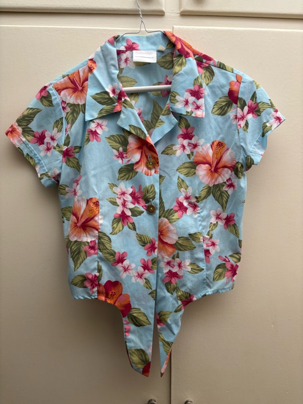 Vintage Gal Clothing Top. Floral Button Shirt - Light Blue with Pink & Green